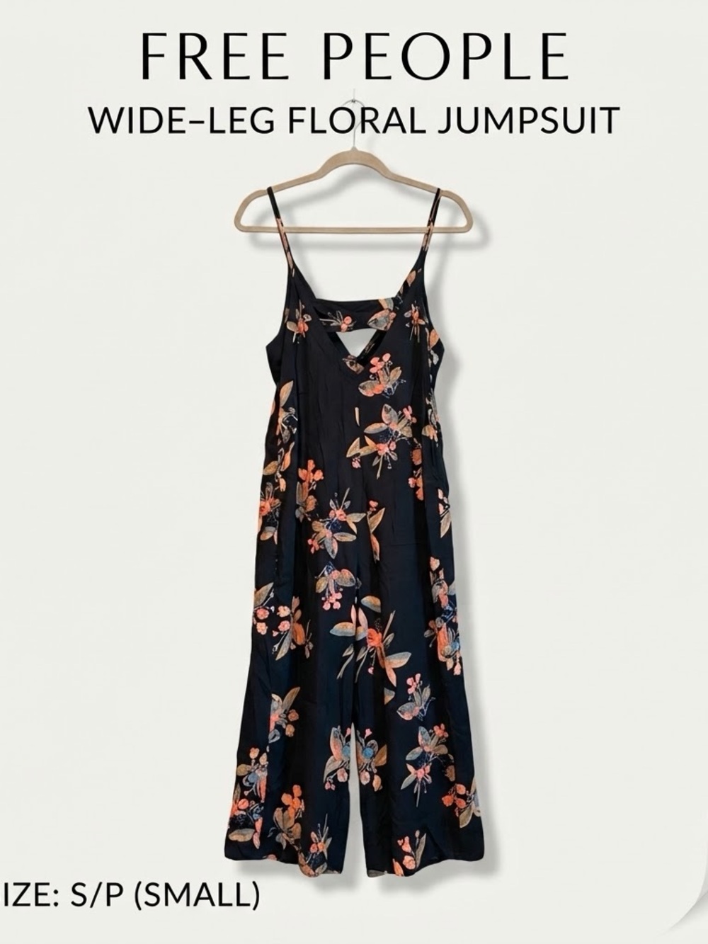 Free People Black Floral Wide-Leg Jumpsuit with Peach & Blue Blooms